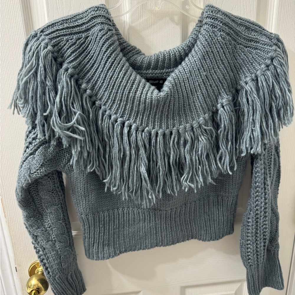 Elegant Fringed Cowl Neck Sweater in Blue
